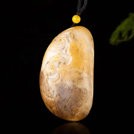 Autumn-Pear-Skin White Hetian Seed Jade Palm Carving - Geese Among Lotuses, 220 g