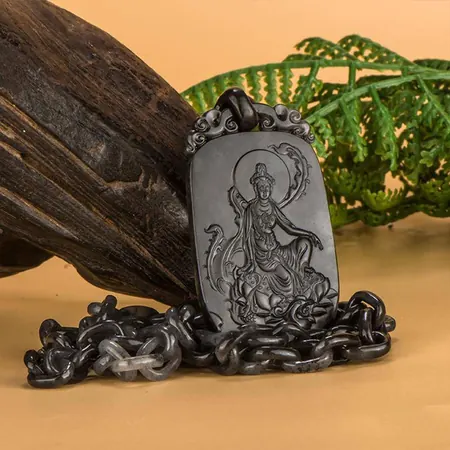 Black and White Hetian Jade Plaque with Carved Chain: Guanyin, 57.3 g
