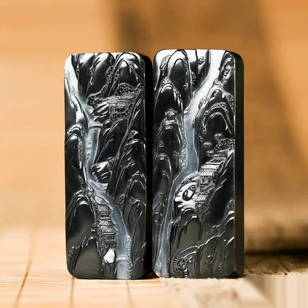 Black Hetian Jade Plaque Pair: Mountain Landscape, 132 g
