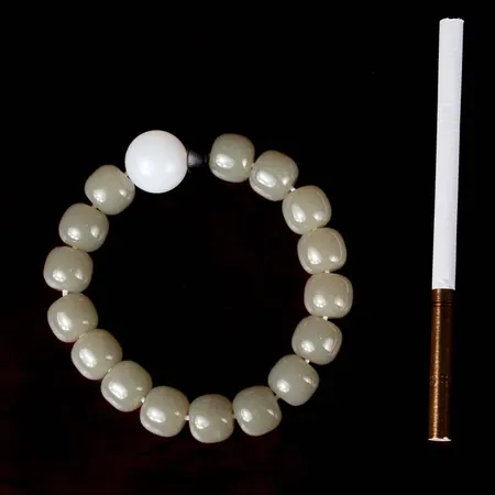 Green Hetian Jade Barrel Bead Bracelet, Blue-Green Dew