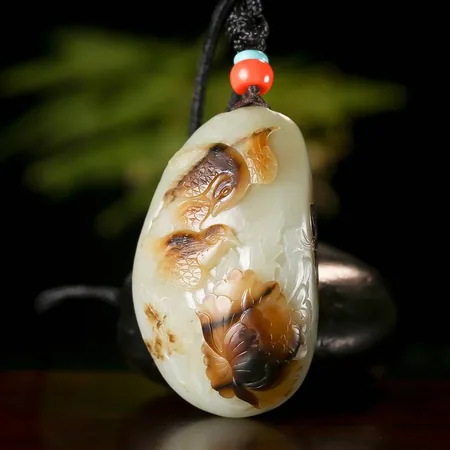 Brown-Skin White Hetian Seed Jade Palm Carving - Blossoming Wealth, 59.8 g