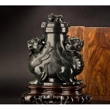 Dark Green Hetian Jade Pixiu-Handle Vase