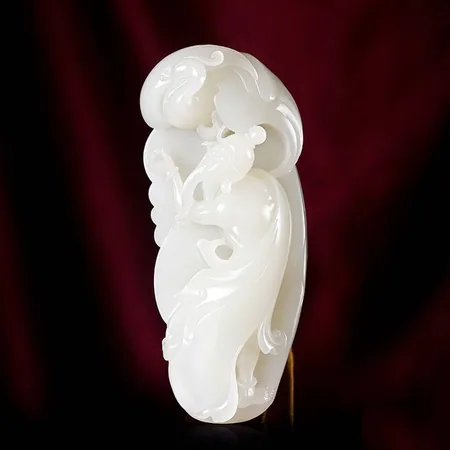 Fu Xuefei Studio Yellow-Skin Celadon-White Hetian Seed Jade Palm Carving - Phoenix Arriving with Grace, 118 g