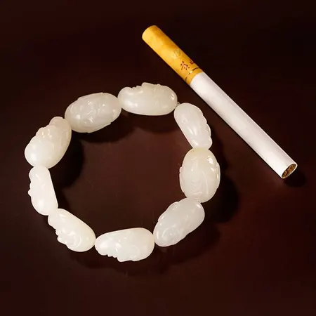 White Hetian Jade Luohan Bracelet with Golden Skin