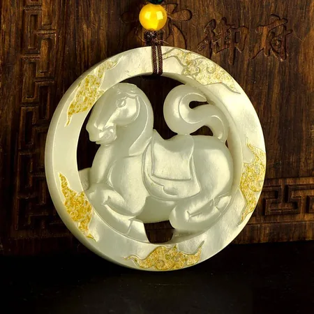 Golden-Speckled-Skin White Hetian Seed Jade Pendant - Blessings on Horseback, 46 g
