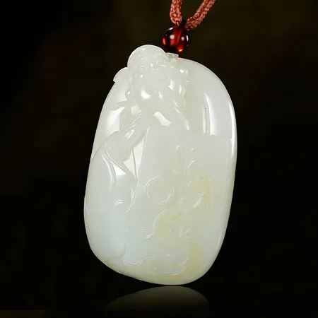 Golden-Speckled-Skin White Hetian Seed Jade Palm Carving - Guan Gong, 109.4 g