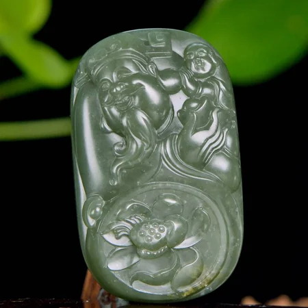 Green Hetian Jade Plaque: Children with Caishen, 76.9 g
