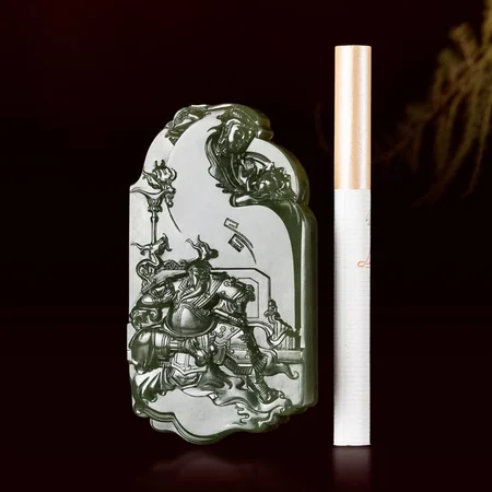 Green Hetian Jade Plaque: Guanyin and Guan Di, 90.1 g