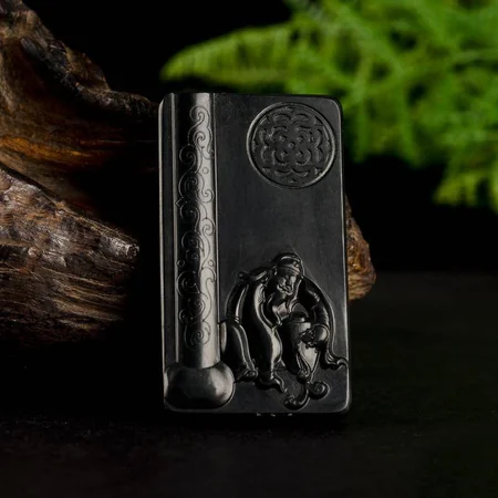 Green Hetian Jade Plaque: Li Bai with Wine, 57 g