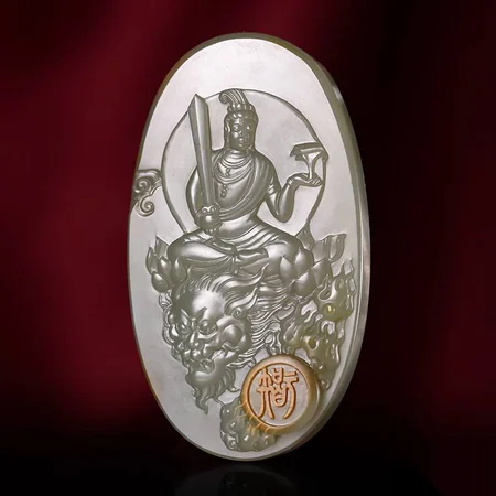 Green Hetian Jade Plaque: Manjushri Bodhisattva, 110 g