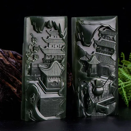 Green Hetian Jade Plaque Pair: Celestial Pavilions, 748.6 g