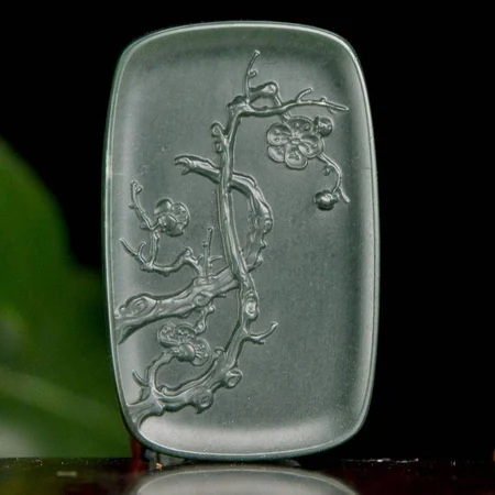 Green Hetian Jade Plaque: Plum Blossom, 43.1 g