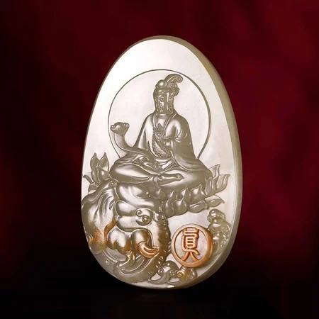 Green Hetian Jade Plaque: Samantabhadra Bodhisattva, 106 g