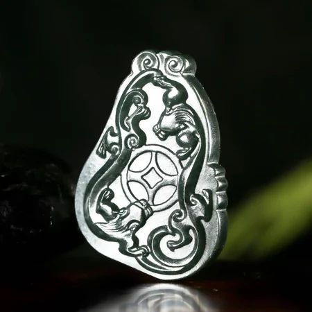 Green Hetian Jade Plaque: Two Dragons with a Pearl, 34.4 g
