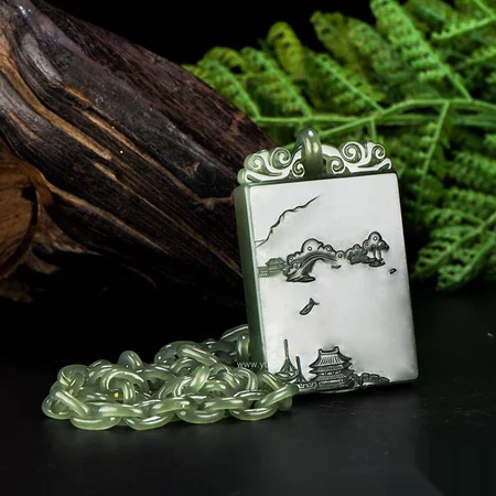 Green Hetian Jade Plaque with Carved Chain: Jiangnan Waterways, 78 g