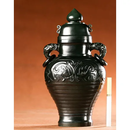 Green Hetian Jade Dragon-Handle Mask Vase