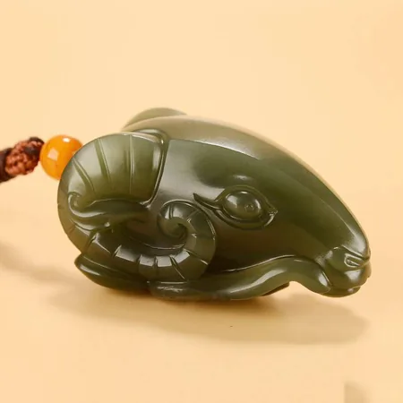 Green Hetian Jade Palm Carving - Leading Ram, 61.3 g