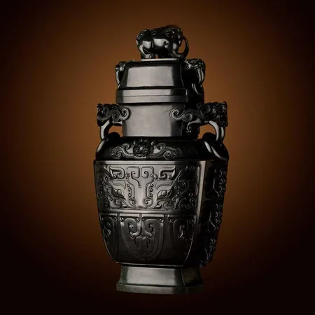 Green Hetian Jade Taotie Vase with Lion Finial