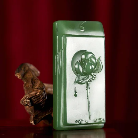 Green Russian Nephrite Plaque: Lotus Harmony, 34.8 g