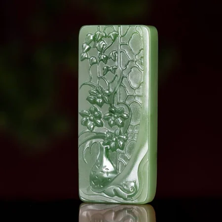 Green Russian Nephrite Plaque: Cat and Blossoms for Longevity, 45 g