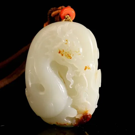Jujube-Red-Skin Hetian Seed Jade Palm Carving - Dragon and Phoenix, 95.6 g