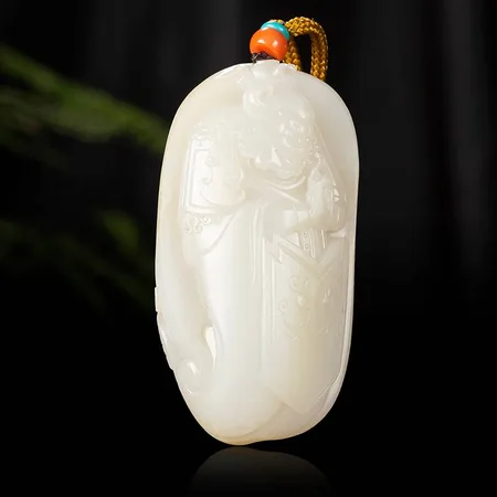 Jujube-Red-Skin White Hetian Seed Jade Palm Carving - God of War, 128.7 g
