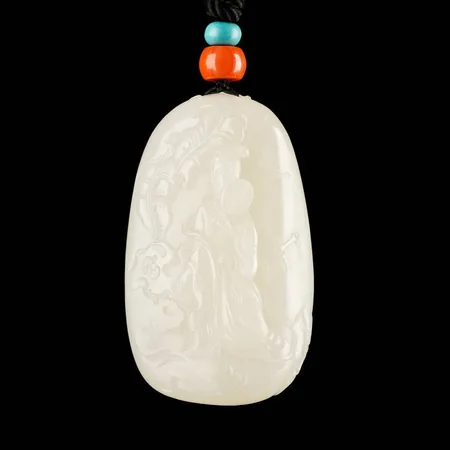Natural Pore-Skin White Hetian Seed Jade Palm Carving - Lady with Plantain, 93.3 g