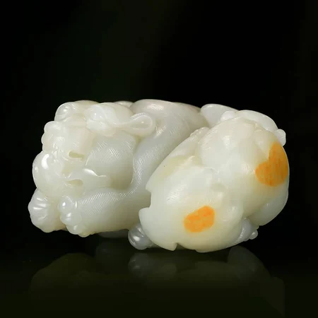Pale Green Hetian Jade Carving: Bear and Fish, 206.9 g