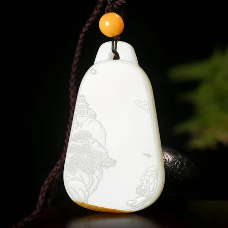 Pale Green Hetian Jade Plaque: Jiangnan Landscape, 51.3 g