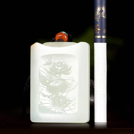 Pale Green Hetian Jade Plaque: Lotus Fragrance on the Breeze, 48 g