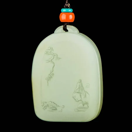 Pale Green Hetian Jade Plaque: Magnificent Mountains and Rivers, 37 g