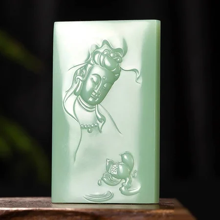 Pale Green Russian Nephrite Plaque: Buddha Revealed in Blossom, 41 g