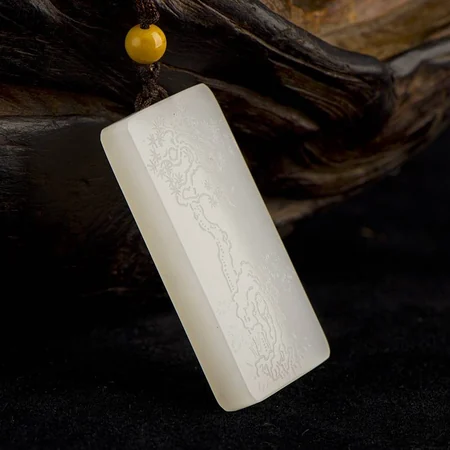 White Hetian Jade Plaque: Pine and Bamboo, 24.9 g