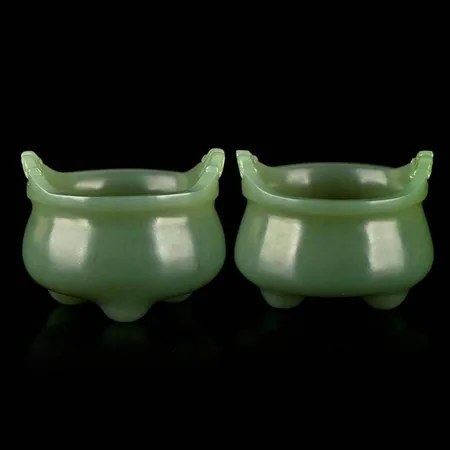 Russian Green Nephrite Jade Tripod Vessel Pair