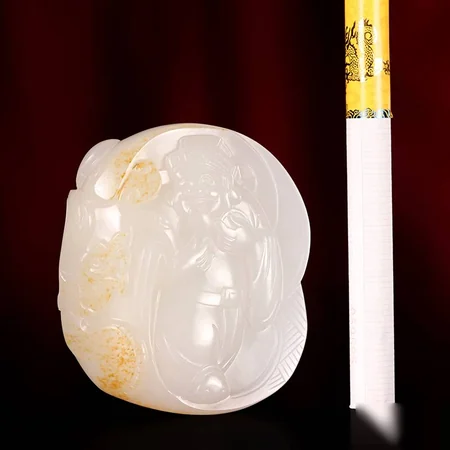 White Hetian Jade Carving: Caishen with Ruyi, 61.2 g