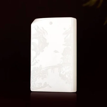 White Hetian Jade Plaque: A Love of Mountains and Rivers, 69.5 g