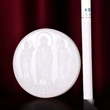 White Hetian Jade Plaque: Amitabha and the Western Pure Land Triad, 62.2 g