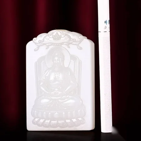 White Hetian Jade Plaque: Amitabha Buddha, 75.7 g