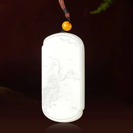 White Hetian Jade Plaque: Boating Among Mountains, 72.7 g