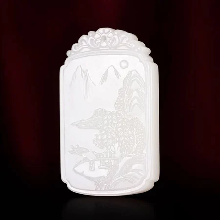 White Hetian Jade Plaque: Boating in a Mountain Landscape, 25.3 g