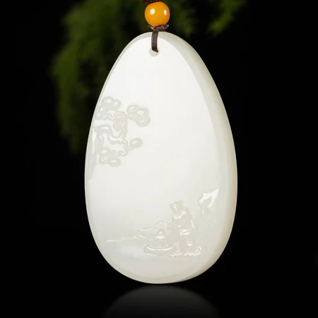 White Hetian Jade Plaque: Brewing Tea Beneath a Pine, 36.4 g