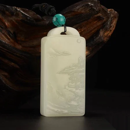White Hetian Jade Plaque: Bridge Over Flowing Water, 79.8 g