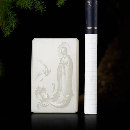 White Hetian Jade Plaque: Buddha Revealed in Blossom, 20.5 g