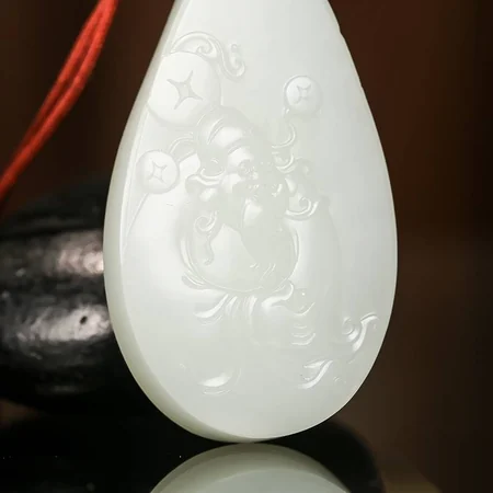 White Hetian Jade Plaque: Caishen, God of Wealth, 44.8 g