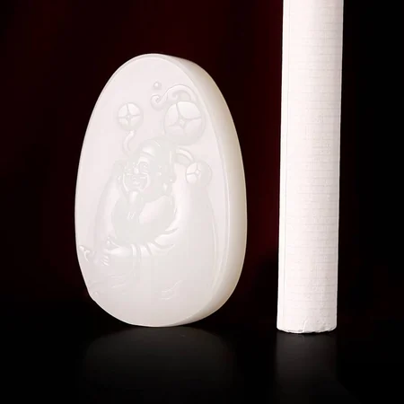 White Hetian Jade Plaque: Caishen, God of Wealth, 16 g