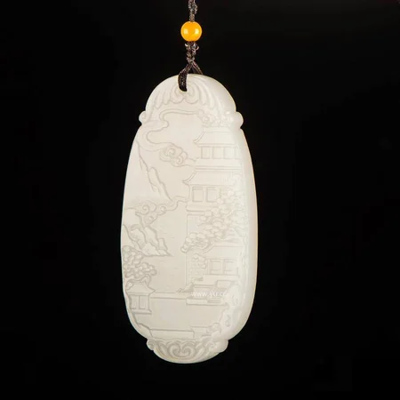 White Hetian Jade Plaque: Celestial Pavilions, 37 g