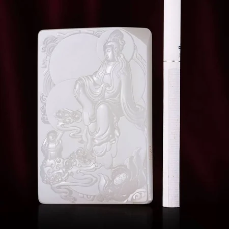 White Hetian Jade Plaque: Child Paying Homage to Guanyin, 112.5 g