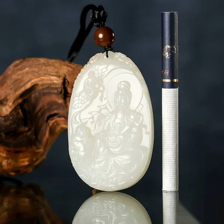 White Hetian Jade Plaque: Child Paying Homage to Guanyin, 68.5 g