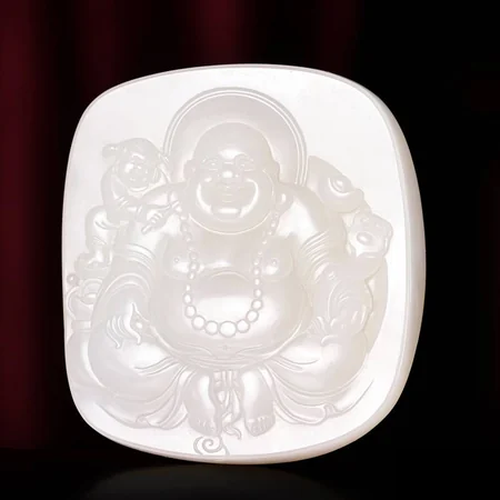 White Hetian Jade Plaque: Children and Laughing Buddha with Treasure, 158 g