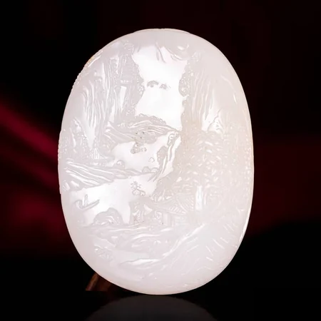 White Hetian Jade Plaque: Dreams of Mountains and Rivers, 61.1 g